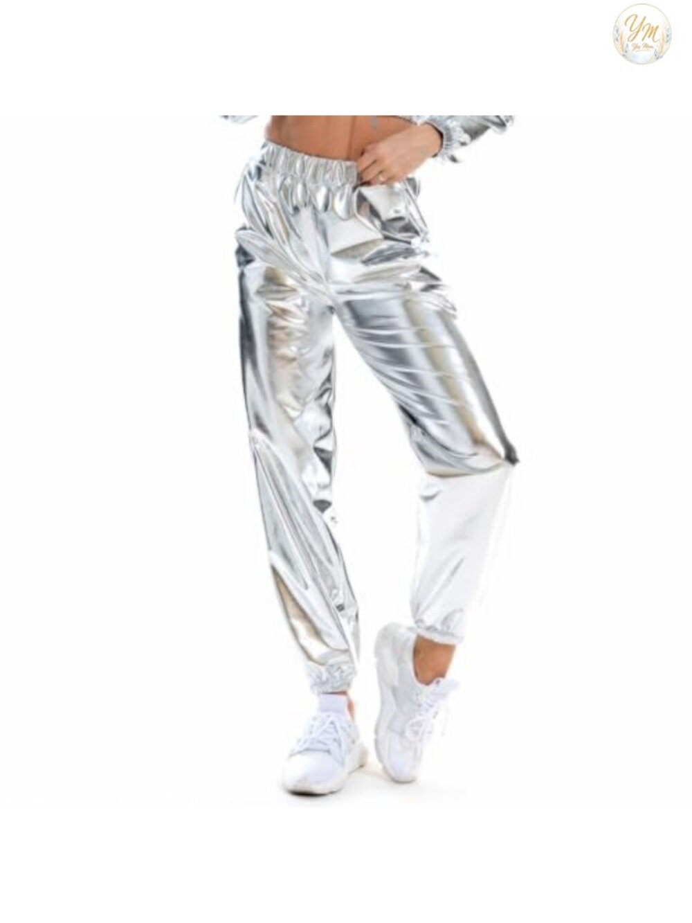 Women Metallic Shiny Jogger Holographic Streetwear Pants High Waist Stretchy